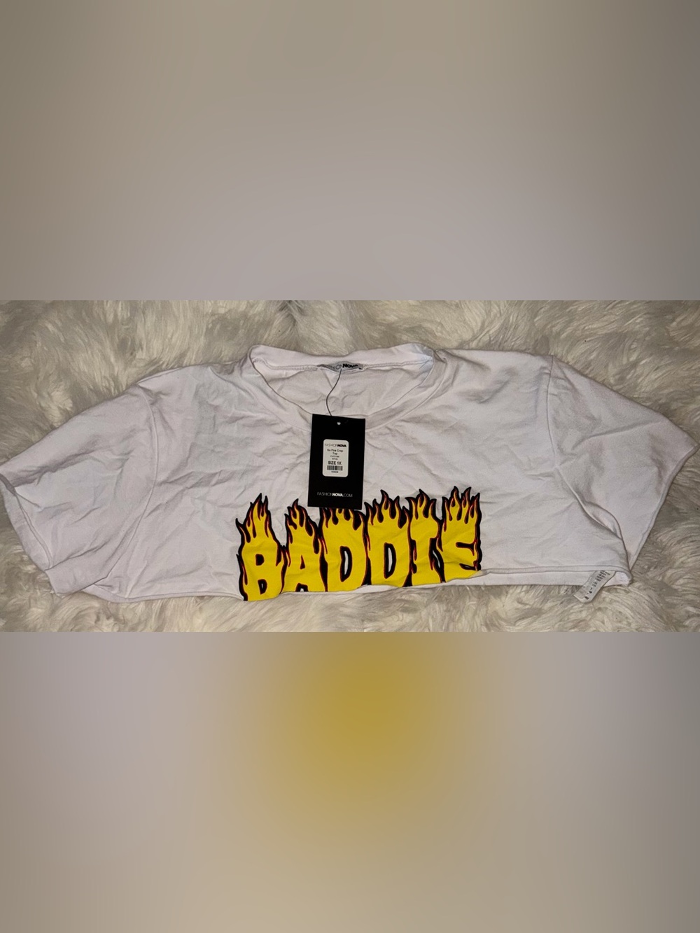 Fashion Nova White 'Baddie' Flame Graphic Crop Top